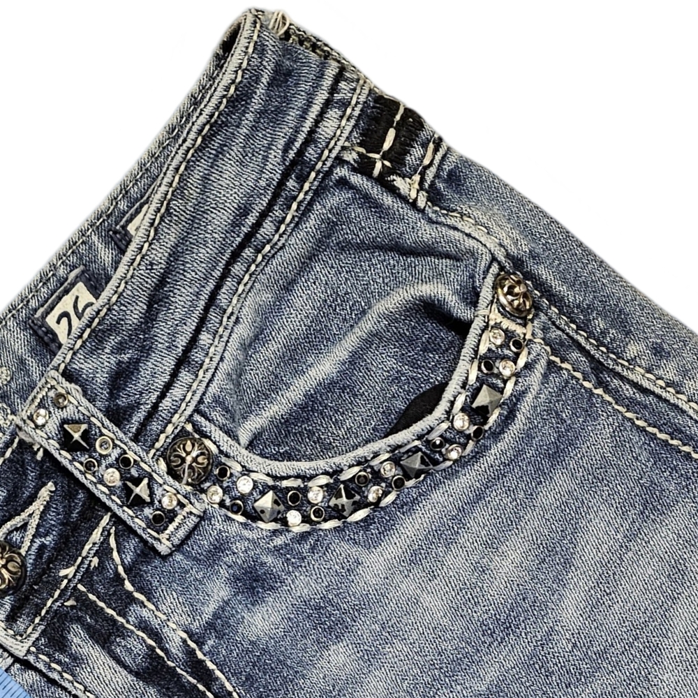 Miss Me Blue Straight Leg Jeans with Rhinestone Embellishments - Picture 7 of 8